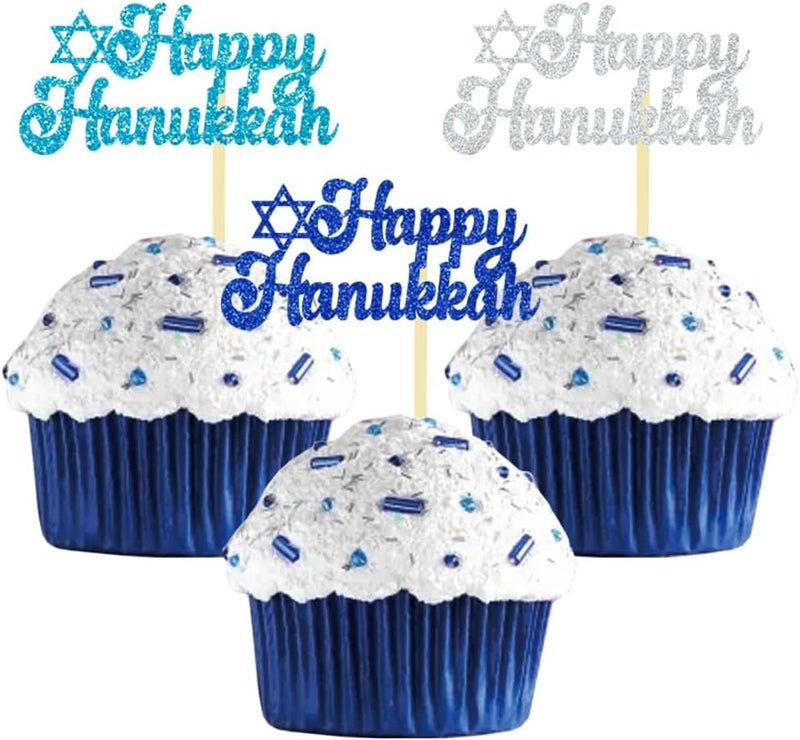 Moitkptt 24Pcs Happy Hanukkah Cupcake Toppers, Star of David Glitter Chanukkah Cupcake Toppers for Hanukkah Party Decorations Lighting Chanukkah Theme Party Supplies (happy) - Image 1